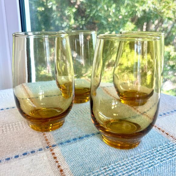 Vintage Mid-Century Amber Glass Tumblers – Set of 4 Lowball Style Glasses - Picture 3 of 10